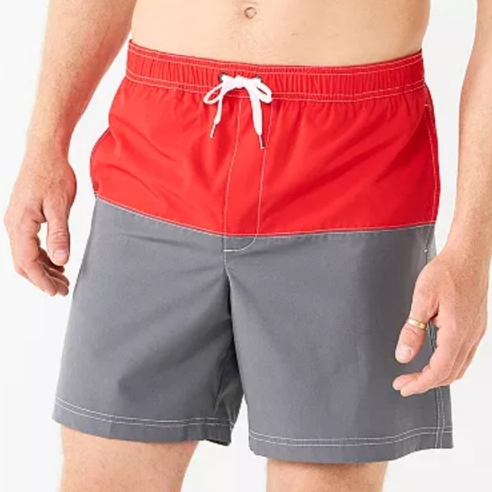 Sonoma Goods For Life® 7" Full Elastic-Waistband Swim Trunks in Red/Gray Size XL